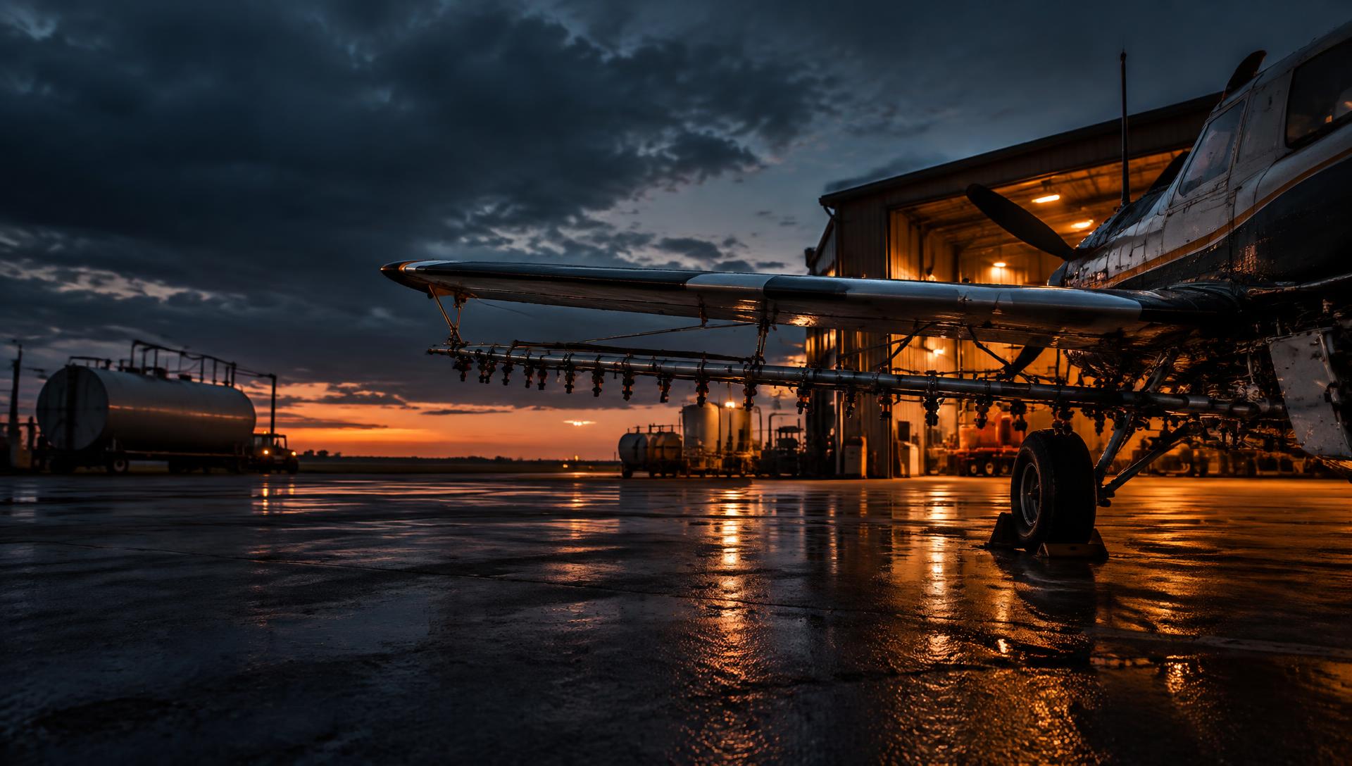 Agricultural aircraft spray boom at a blue-hour operations yard
